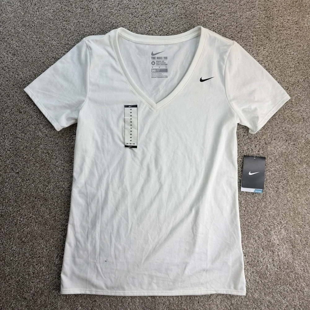 Nike Shirt Womens Medium White Dri-FIT V-Neck Short Sleeve Training Workout Top